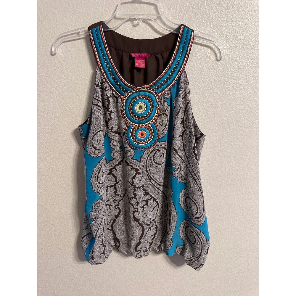 Sunny Leigh Paisley Tank Top Embellished Sleeveless Blouse Teal Brown M